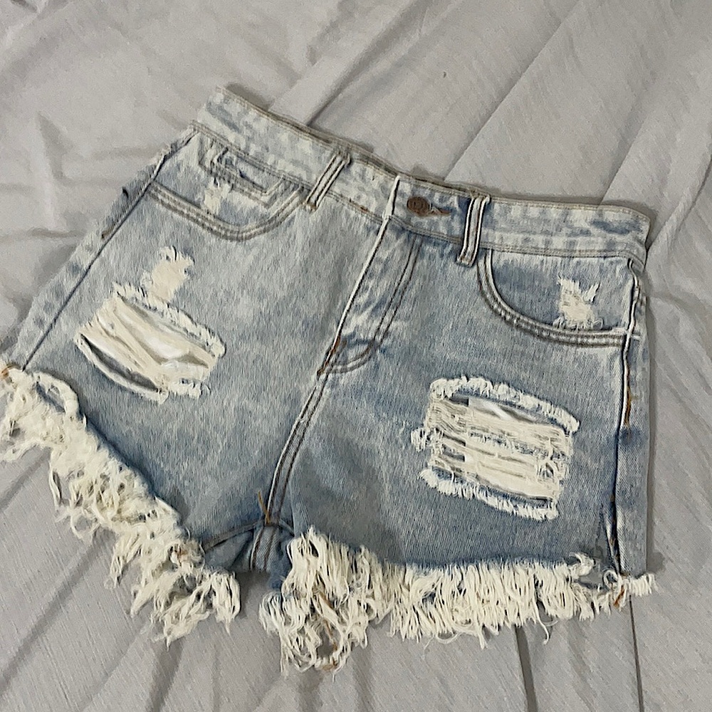 High Waisted Distressed Light Blue Jean Shorts Faded Wash Vintage Wash US size M